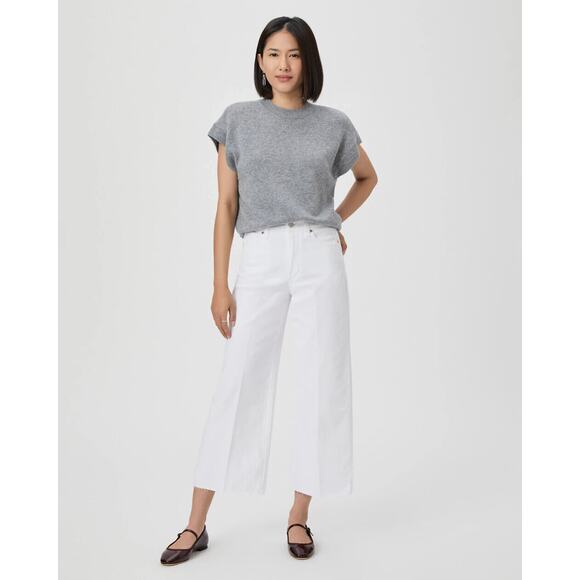 NWT Paige Women's Crisp White Anessa Wide Leg Raw Hem Ankle Jeans Petite Size 32 - Picture 2 of 16
